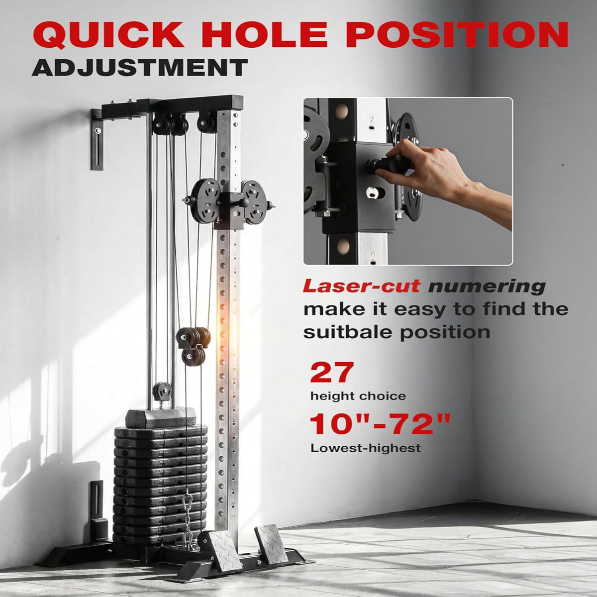 Wall Mount Cable Station, Cable Crossover Machine with Dual Pulley System and 19/27 Adjustable Positions for Home Gym Fitness Equipment — product view 7